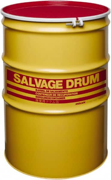 Made in USA - 110 Gallon Yellow with Red Cover Cylindrical Carbon Steel Open Head Drum - 41" High x 30" Diam - Caliber Tooling