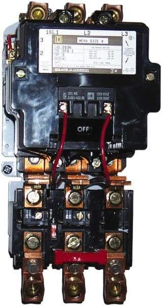 Square D - 220 Coil VAC at 50 Hz, 240 Coil VAC at 60 Hz, 135 Amp, NEMA Size 4, Nonreversible Open Enclosure NEMA Motor Starter - 3 Phase hp: 100 at 460 VAC, 100 at 575 VAC, 40 at 200 VAC, 50 at 230 VAC - Caliber Tooling