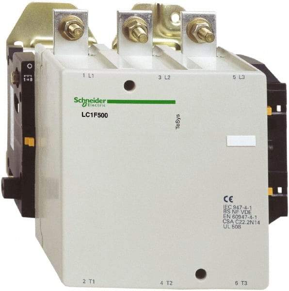 Schneider Electric - 3 Pole, 500 Amp at 440 VAC and 700 Amp at 440 VAC, Nonreversible IEC Contactor - Bureau Veritas, CCC, CSA, DNV, EN/IEC 60947-1, EN/IEC 60947-4-1, GL, JEM 1038, LROS, RINA, RMRoS, RoHS Compliant, UL Listed - Caliber Tooling