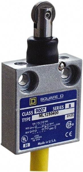 Square D - SPDT, NC/NO, 240 VAC, 4 Pin M12 Male Terminal, Roller Plunger Actuator, General Purpose Limit Switch - 1, 2, 4, 6, 6P NEMA Rating, IP67 IPR Rating, 80 Ounce Operating Force - Caliber Tooling