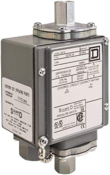 Square D - 4, 13 and 4X NEMA Rated, DPDT, 500 psi, Electromechanical Pressure and Level Switch - Adjustable Pressure, 120 VAC at 6 Amp, 240 VAC at 3 Amp, 250 VDC at 0.11 Amp, 1/4 Inch Connector, Screw Terminal, For Use with 9012G - Caliber Tooling