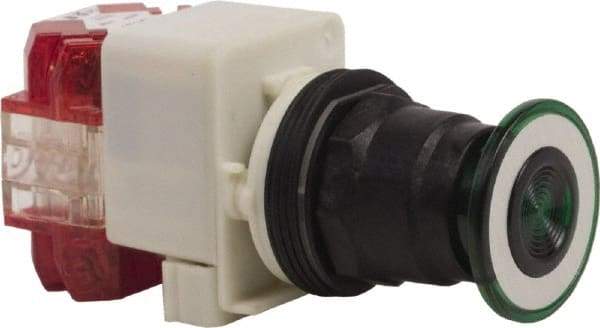 Schneider Electric - 30mm Mount Hole, Extended Straight, Pushbutton Switch with Contact Block - Green Pushbutton, Maintained (MA), Momentary (MO) - Caliber Tooling