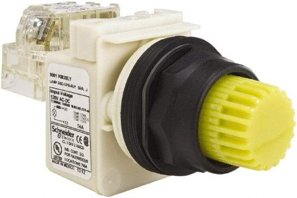 Schneider Electric - 30mm Mount Hole, Extended Straight, Pushbutton Switch with Contact Block - Yellow Pushbutton, Momentary (MO) - Caliber Tooling