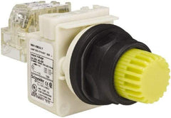 Schneider Electric - 1.22 Inch Mount Hole, Extended Straight, Pushbutton Switch with Contact Block - Round, Yellow Pushbutton, Illuminated, Momentary (MO), Anticorrosive, Dusttight, Oiltight, Watertight and Shock and Vibration Resistant - Caliber Tooling