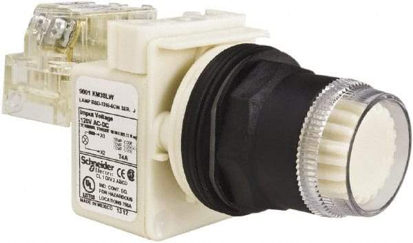 Schneider Electric - 1.22 Inch Mount Hole, Flush, Pushbutton Switch with Contact Block - Round, White Pushbutton, Illuminated, Momentary (MO), Anticorrosive, Dusttight, Oiltight, Watertight and Shock and Vibration Resistant - Caliber Tooling