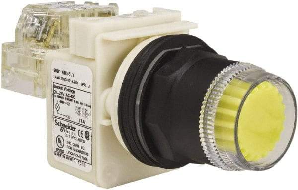 Schneider Electric - 30mm Mount Hole, Extended Straight, Pushbutton Switch with Contact Block - Yellow Pushbutton, Momentary (MO) - Caliber Tooling