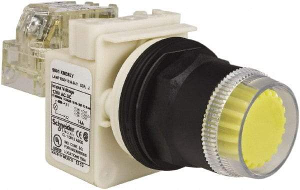 Schneider Electric - 30mm Mount Hole, Extended Straight, Pushbutton Switch with Contact Block - Yellow Pushbutton, Momentary (MO) - Caliber Tooling