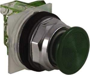 Schneider Electric - 30mm Mount Hole, Extended Straight, Pushbutton Switch with Contact Block - Green Pushbutton, Momentary (MO) - Caliber Tooling