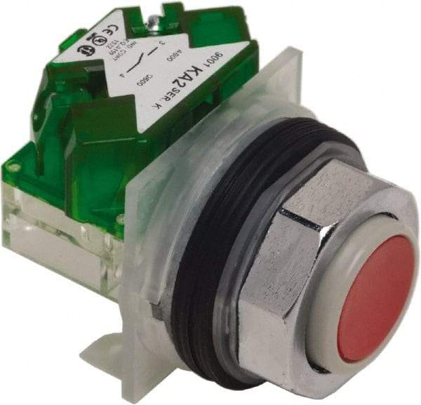 Schneider Electric - 30mm Mount Hole, Extended Straight, Pushbutton Switch with Contact Block - Red Pushbutton, Momentary (MO) - Caliber Tooling