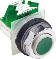 Schneider Electric - 30mm Mount Hole, Extended Straight, Pushbutton Switch with Contact Block - Green Pushbutton, Momentary (MO) - Caliber Tooling