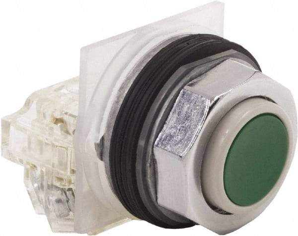 Schneider Electric - 30mm Mount Hole, Extended Straight, Pushbutton Switch with Contact Block - Green Pushbutton, Momentary (MO) - Caliber Tooling