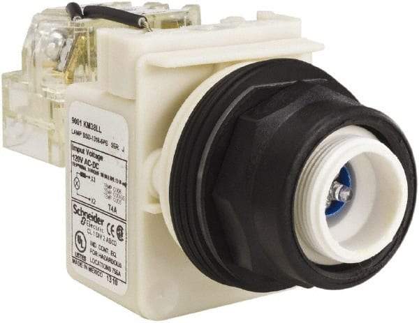 Schneider Electric - 120 V Blue Lens LED Pilot Light - Round Lens, Screw Clamp Connector, 54mm OAL x 42mm Wide, Vibration Resistant - Caliber Tooling