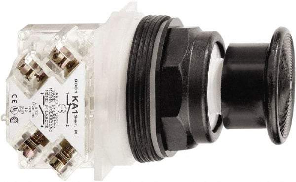 Schneider Electric - 30mm Mount Hole, Extended Mushroom Head, Pushbutton Switch with Contact Block - Round, Black Pushbutton, Maintained (MA) - Caliber Tooling