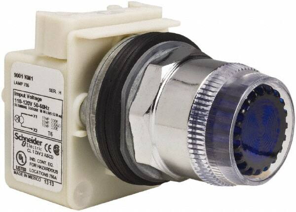 Schneider Electric - 1.18 Inch Mount Hole, Extended Straight, Pushbutton Switch Only - Round, Blue Pushbutton, Illuminated, Momentary (MO), Weatherproof, Dust and Oil Resistant - Caliber Tooling