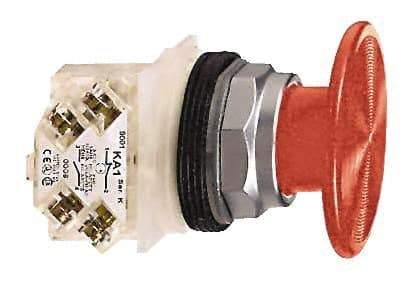 Schneider Electric - 30mm Mount Hole, Extended Mushroom Head, Pushbutton Switch with Contact Block - Round, Red Pushbutton, Momentary (MO) - Caliber Tooling