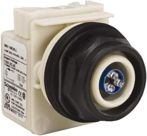 Schneider Electric - 120 V Blue Lens LED Pilot Light - Round Lens, Screw Clamp Connector, 54mm OAL x 42mm Wide, Vibration Resistant - Caliber Tooling