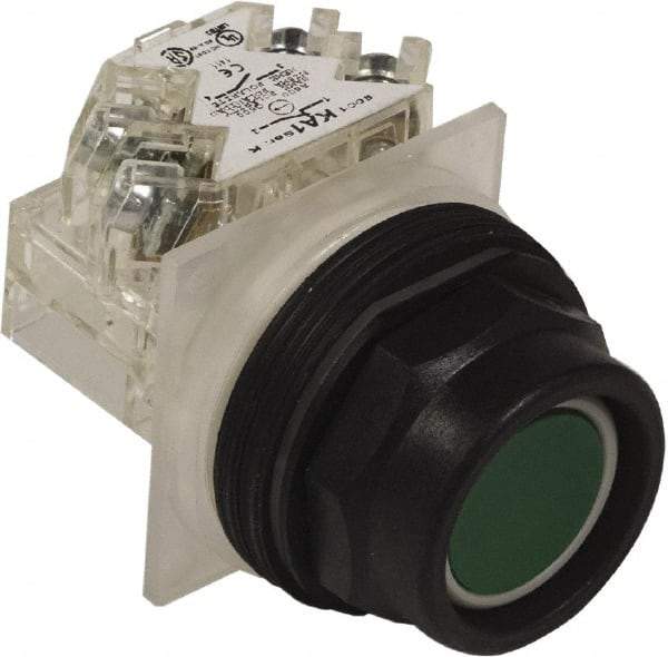 Schneider Electric - 30mm Mount Hole, Extended Straight, Pushbutton Switch with Contact Block - Green Pushbutton, Momentary (MO) - Caliber Tooling