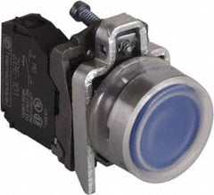 Schneider Electric - 22mm Mount Hole, Extended Straight, Pushbutton Switch with Contact Block - Round, Blue Pushbutton, Momentary (MO) - Caliber Tooling