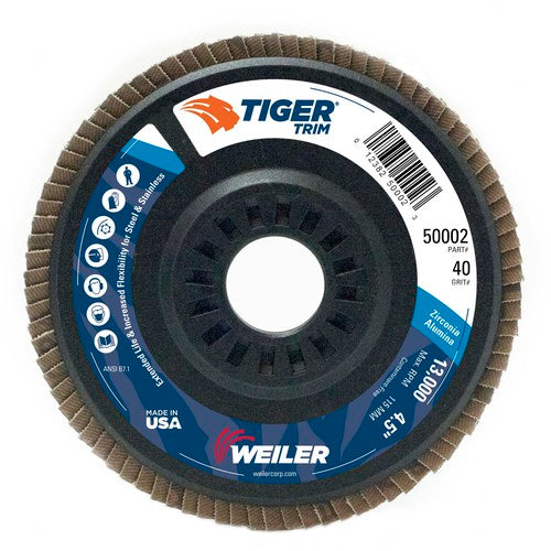 4-1/2″ Tiger Disc Abrasive Flap Disc, Angled, Trimmable Backing, 40Z, 7/8″ Arbor Hole - Caliber Tooling