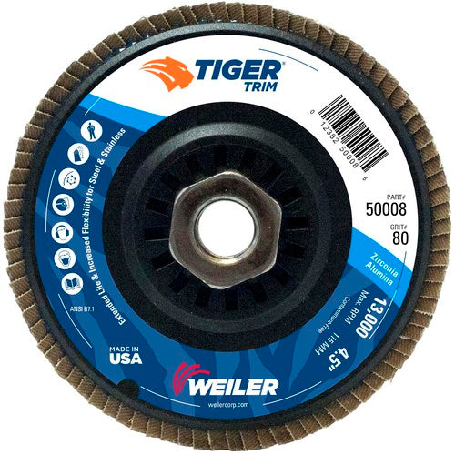 4-1/2″ Tiger Disc Abrasive Flap Disc, Angled, Trimmable Backing, 80Z, 5/8″-11 UNC Nut - Caliber Tooling