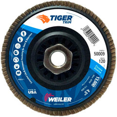 4-1/2″ Tiger Disc Abrasive Flap Disc, Angled, Trimmable Backing, 120Z, 5/8″-11 UNC Nut - Caliber Tooling