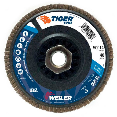 5″ Tiger Disc Abrasive Flap Disc, Angled, Trimmable Backing, 40Z, 5/8″-11 UNC Nut - Caliber Tooling