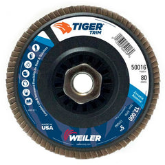 5″ Tiger Disc Abrasive Flap Disc, Angled, Trimmable Backing, 80Z, 5/8″-11 UNC Nut - Caliber Tooling