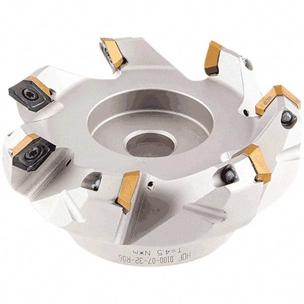 Iscar - 109.4, 110.7, 112.1mm Cut Diam, 32mm Arbor Hole, 5.5mm Max Depth of Cut, 42° Indexable Chamfer & Angle Face Mill - 7 Inserts, OE.. 060405\xB6OEMW 060405-AETN\xB6REMT 1505-LM-76 Insert, Right Hand Cut, 7 Flutes, Through Coolant, Series Heliocto - Caliber Tooling