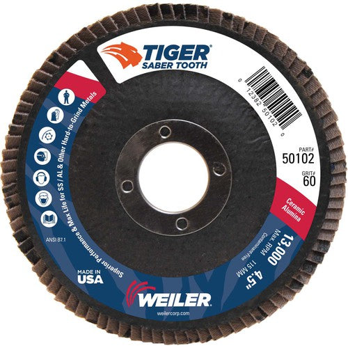 ‎4-1/2″ Saber Tooth Ceramic Abrasive Flap Disc, Angled, Phenolic Backing, 60C, 7/8″ Arbor Hole - Caliber Tooling