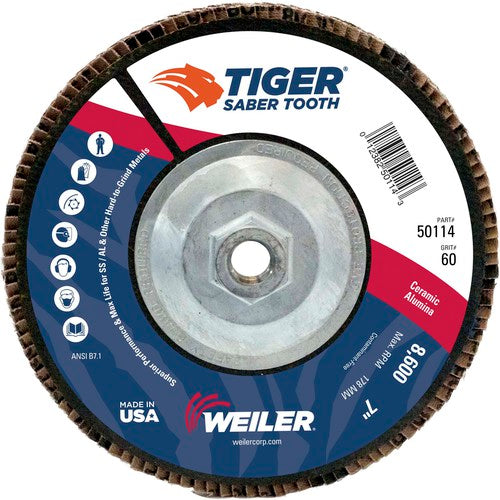 7″ Saber Tooth Ceramic Abrasive Flap Disc, Angled, Phenolic Backing, 60C, 5/8″-11 UNC Nut - Caliber Tooling