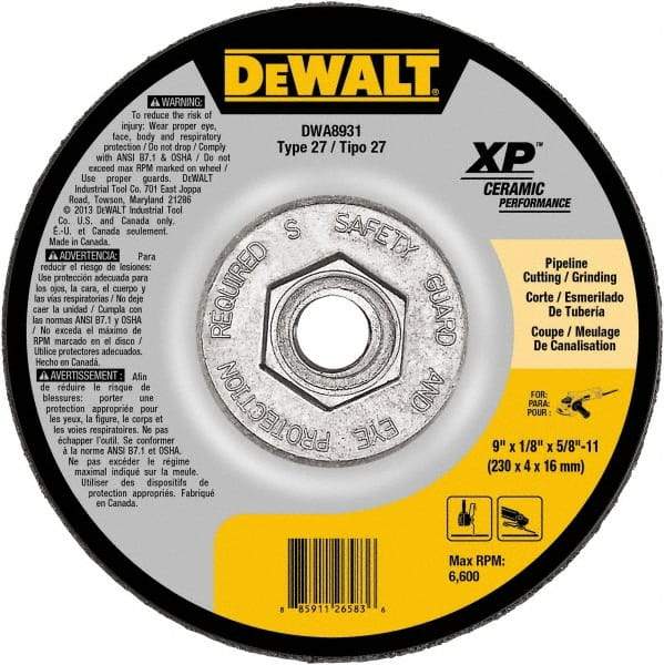 DeWALT - 24 Grit, 9" Wheel Diam, Type 27 Depressed Center Wheel - Coarse/Medium Grade, Ceramic, N Hardness, 6,600 Max RPM - Caliber Tooling