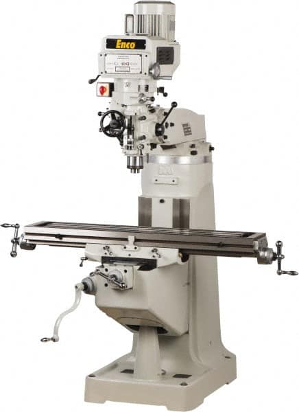 Enco - 9" Table Width x 49" Table Length, Variable Speed Pulley Control, 1 Phase Knee Milling Machine - R8 Spindle Taper, 3 hp - Caliber Tooling