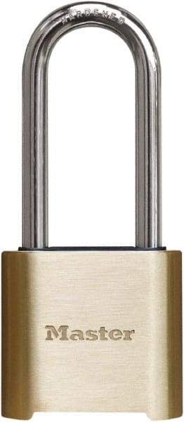 Master Lock - 2" Body Width x 3" Body Height, 2" Shackle Clearance, Brass Finish Combination Lock - 5/16" Shackle Diam, 1" Shackle Width, Set Your Own 4 Digit Combination - Caliber Tooling