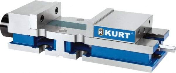 Kurt - 8" Jaw Width, 10-1/4" Jaw Opening Capacity, Horizontal Stationary Machine Vise - Reverse Hydraulic Operation, 1 Station, 27" Long x 6" High x 1" Deep, 6" Jaw Height, 3,200 Lb Max Clamp Force, Ductile Iron - Caliber Tooling