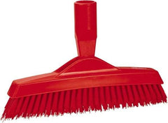 Vikan - 1.6" Bristle Length, Polyester Utility Scrub Brush - 9" Long x 1-1/2" Wide Head, 9-1/4" OAL, European Threaded Handle, Red, Polypropylene Block - Caliber Tooling