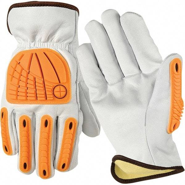 Wells Lamont - Size M Cut Resistant Work Gloves - For Work & Driver, Uncoated, Elastic Band Cuff, Full Fingered, White/Orange, Paired - Caliber Tooling