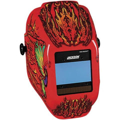 Jackson Safety - 2.36" Window Width x 3.94" Window Height, 9 to 13 Shade Auto-Darkening Lens, Fixed Front Welding Helmet with Digital Controls - Red Flaming Butterfly Design, Nylon - Caliber Tooling