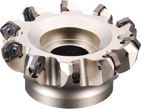 Kyocera - 152.4mm Cut Diam, 50.8mm Arbor Hole, 6mm Max Depth of Cut, 45° Indexable Chamfer & Angle Face Mill - 12 Inserts, PNEU 1205\xB6PNMU 1205 Insert, Right Hand Cut, 12 Flutes, Series MFPN - Caliber Tooling