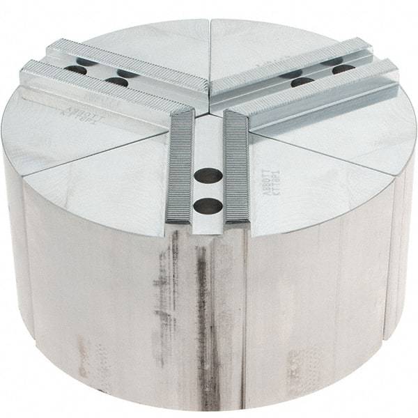 Abbott Workholding Products - 8" Max Chuck Capacity, 1.5mm x 60° Serrated Interface, Round Soft Lathe Chuck Jaw - 3 Jaw, Aluminum, 0.9843" Btw Mount Hole Ctrs, 8" Wide, 4" High, 12mm Fastener - Caliber Tooling