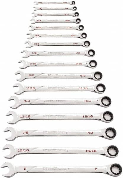 GearWrench - 16 Piece, 7/32" to 1", Ratcheting Combination Wrench Set - Inch Measurement Standard, Chrome Finish - Caliber Tooling