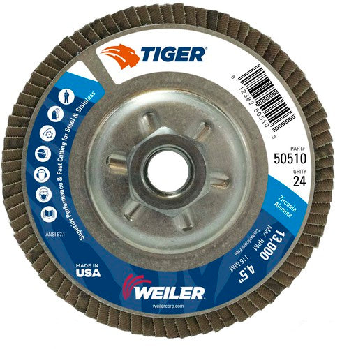 4-1/2″ Tiger Disc Abrasive Flap Disc, Angled, Alum. Backing, 24Z, 5/8″-11 UNC Nut - Caliber Tooling