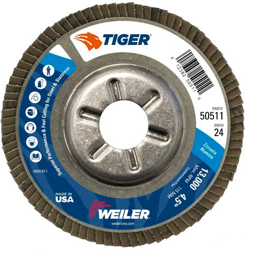 4-1/2″ Tiger Disc Abrasive Flap Disc, Angled, Alum. Backing, 24Z, 7/8″ Arbor Hole - Caliber Tooling