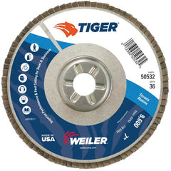 7″ Tiger Disc Abrasive Flap Disc, Angled, Alum. Backing, 36Z, 7/8″ Arbor Hole - Caliber Tooling