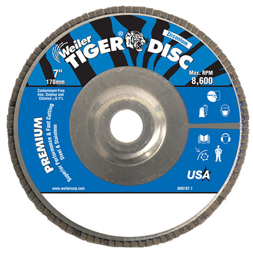 7″ Tiger Disc Abrasive Flap Disc, Angled, Alum. Backing, 80Z, 7/8″ Arbor Hole - Caliber Tooling