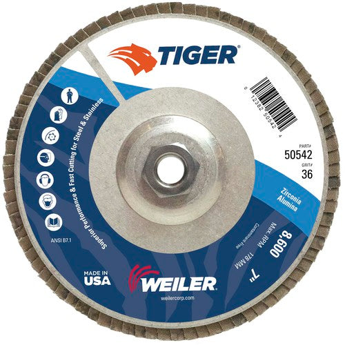 7″ Tiger Disc Abrasive Flap Disc, Angled, Alum. Backing, 36Z, 5/8″-11 UNC Nut - Caliber Tooling