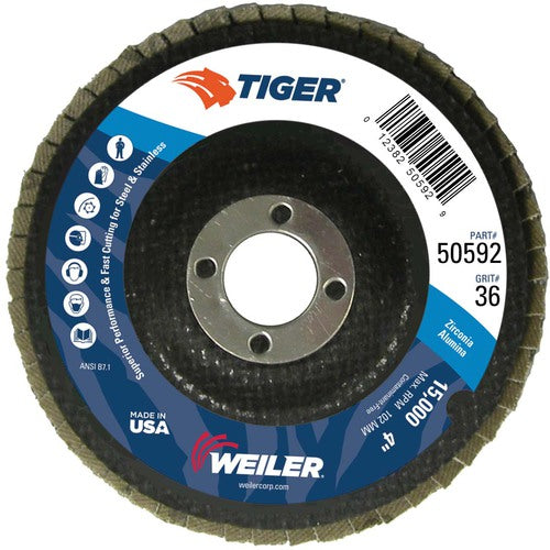 4″ Tiger Disc Abrasive Flap Disc, Angled, Phenolic Backing, 36Z, 5/8″ Arbor Hole - Caliber Tooling