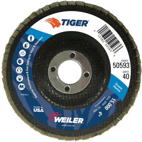 4″ Tiger Disc Abrasive Flap Disc, Angled, Phenolic Backing, 40Z, 5/8″ Arbor Hole - Caliber Tooling