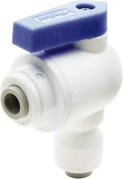 Parker - 1/4 x 3/8" Pipe, Full Port, Polypropylene Valve Elbow Union Ball Valve - Bi-Directional, Push-to-Connect x Push-to-Connect Ends, Wedge Handle, 150 WOG - Caliber Tooling