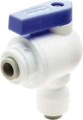 Parker - 3/8 x 1/4" Pipe, Full Port, Polypropylene Valve Elbow Union Ball Valve - Bi-Directional, Push-to-Connect x Push-to-Connect Ends, Wedge Handle, 150 WOG - Caliber Tooling