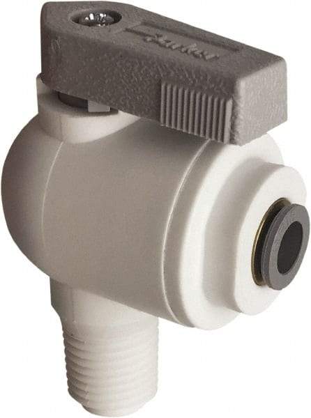 Parker - 1/4" Pipe, Full Port, Polypropylene Valve Male Elbow Ball Valve - Bi-Directional, MNPT x Push-to-Connect Ends, Wedge Handle, 150 WOG - Caliber Tooling